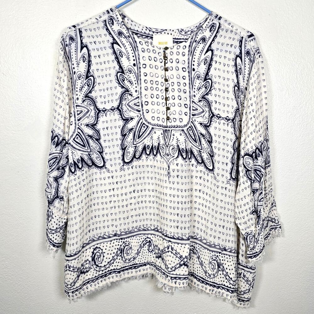 Maeve Anthropologie Blouse Women's L Blue Mixed Print Boho Coastal Summer Beachy